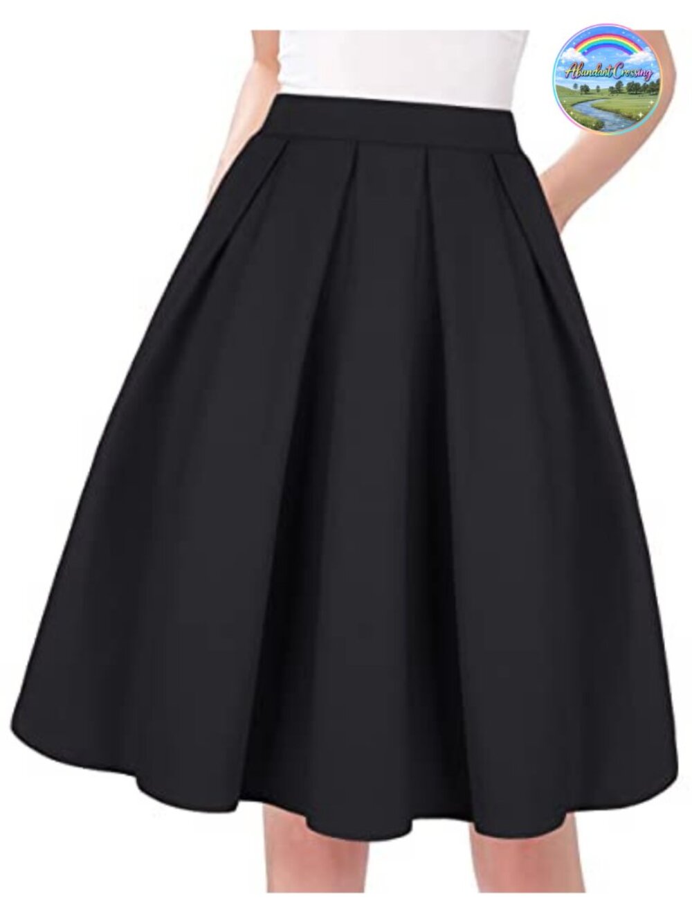 Pleated A-Line Midi Skirt High Waist Flared Cotton Blend with Pockets